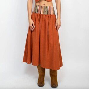 Lakhays Homespun Striped Yoke Midi Skirt Size Small/Medium Boho w/pockets N61